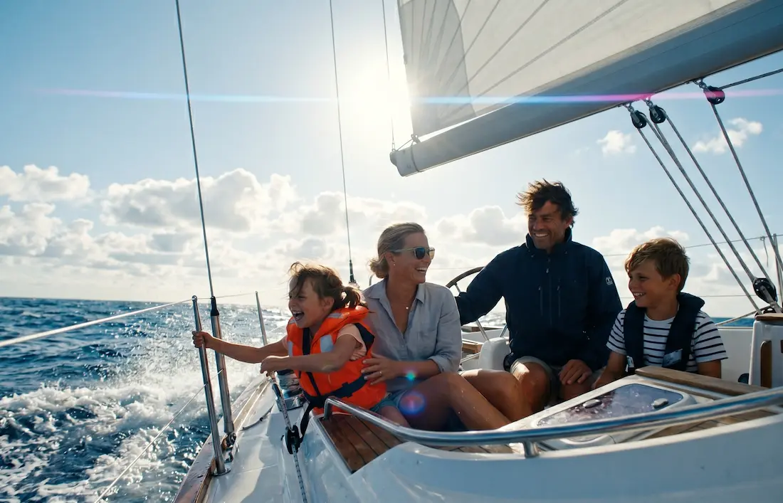 A family with two children in life jackets sailing happily on a sailboat around Menorca