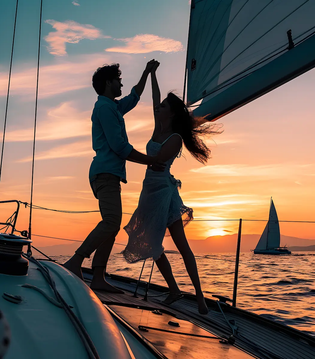 Couple dancing at sunset on the deck of a sailboat during a marriage proposal in Menorca