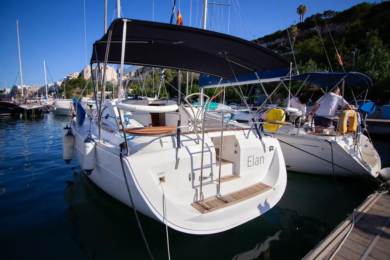 Stern of the Elan Impression 384 sailboat moored in Mahón harbour